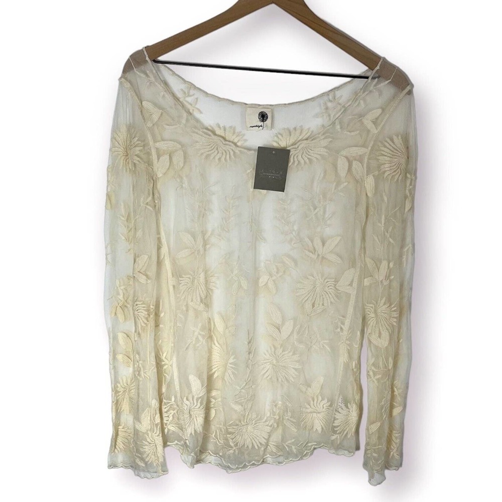 NWT Anthropologie Everleigh Mesh Embroiderded Top Cream Color - Picture 2 of 6